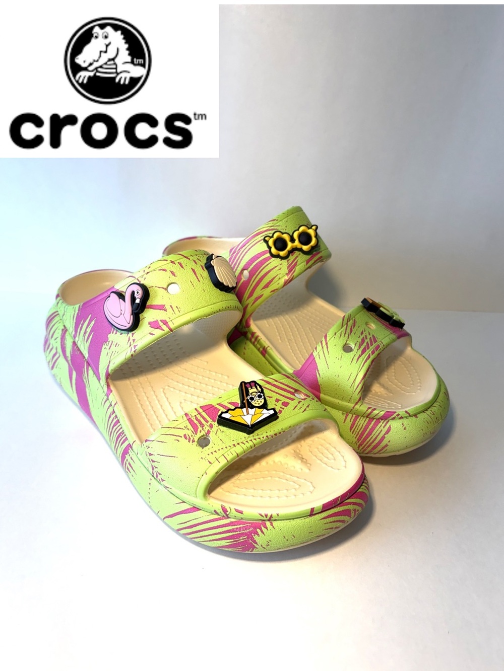 CROCS - 7 Classic Spring Break Crush Platform Lime Slip On Sandals - Picture 1 of 8